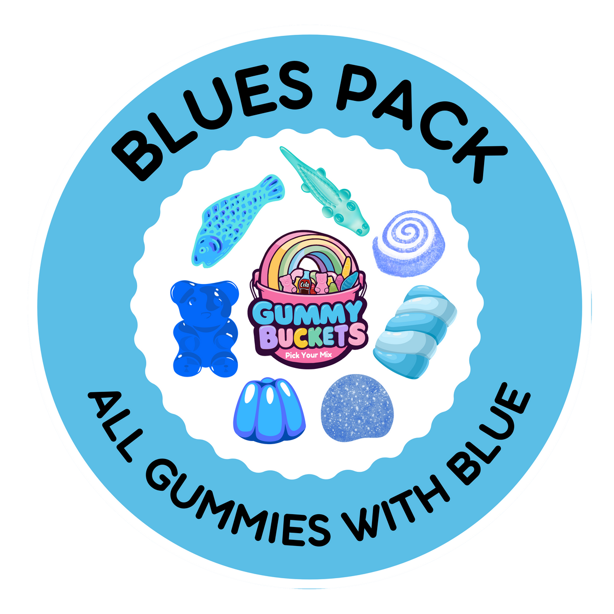A circular graphic labeled 'BLUES PACK' with the text 'ALL GUMMIES WITH BLUE' around the edge. The center shows a colorful assortment of blue gummy candies, including a rainbow gummy bucket, a blue bear gummy, jelly beans, a blue gummy bear, a blue spiral gummy, and a blue fish gummy, all under the Gummy BUCKS brand.