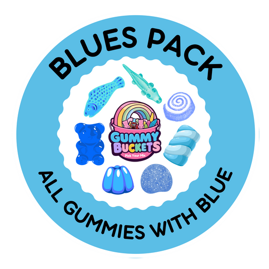 A circular graphic labeled 'BLUES PACK' with the text 'ALL GUMMIES WITH BLUE' around the edge. The center shows a colorful assortment of blue gummy candies, including a rainbow gummy bucket, a blue bear gummy, jelly beans, a blue gummy bear, a blue spiral gummy, and a blue fish gummy, all under the Gummy BUCKS brand.