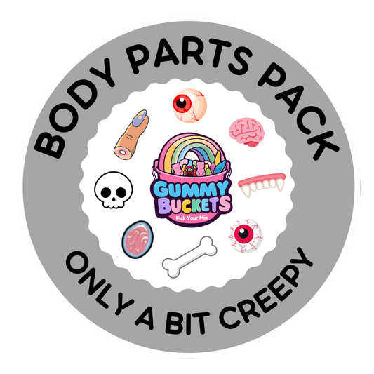 A circular graphic for a 'Body Parts Pack' by Gummy Buckets, featuring a gray outer ring with black text reading 'BODY PARTS PACK' and 'ONLY A BIT CREEPY', surrounding a white scalloped center with cute body-part illustrations like a finger, skull, brain, teeth, and eyeballs.