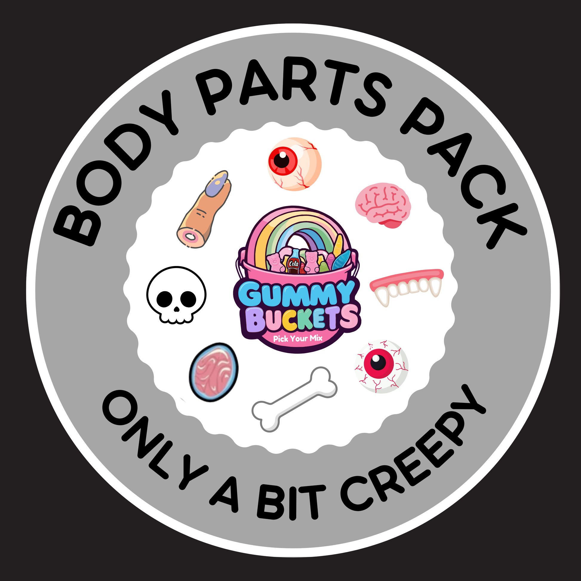 Circular logo with cartoon body parts and 'Gummy Buckets' branding on a gray background.