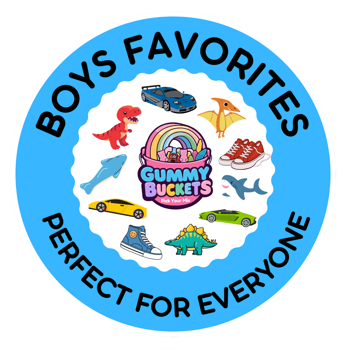A circular graphic with a blue border and the text 'BOYS FAVORITES PERFECT FOR EVERYONE' around a central logo reading 'GUMMY BUCKETS GUMMYS CAFE'. Small illustrated items such as a blue car, red dinosaur, pterosaur, sneakers, shark, yellow car, stegosaurus, and other toys surround the center on a white scalloped background.