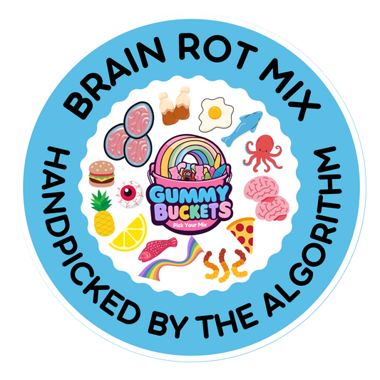 A circular sticker or graphic design featuring the text 'BRAIN ROT MIX' and 'HANDPICKED BY THE ALGORITHM' in black on a light blue ring, surrounding a central white scalloped circle with colorful food and brain illustrations around a 'Gummy Buckets' logo.