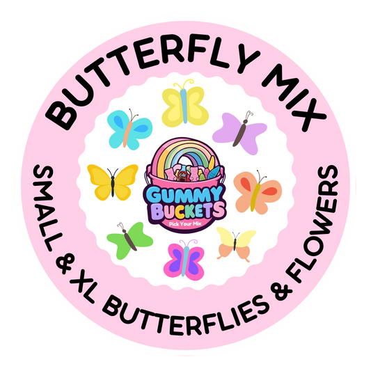 A circular pink label or sticker for 'Gummy Buckets' featuring butterfly and flower illustrations with the text 'BUTTERFLY MIX' and 'SMALL & XL BUTTERFLIES & FLOWERS'.