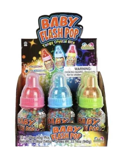 Baby Flash Pop display box with pink, blue, and green baby-bottle-shaped candy containers.