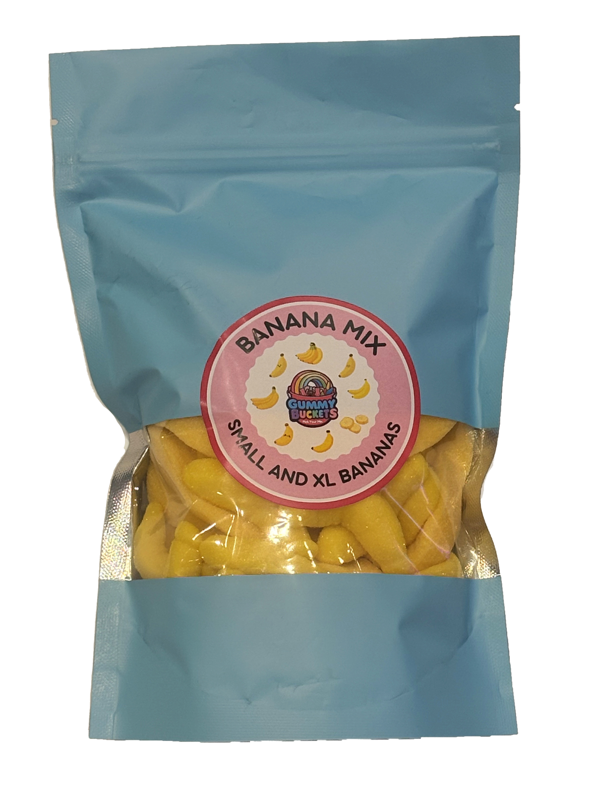 A light blue resealable stand-up pouch containing yellow banana-shaped snacks, with a round pink and white label reading 'BANANA MIX' and 'SMALL AND XL BANANAS.'.