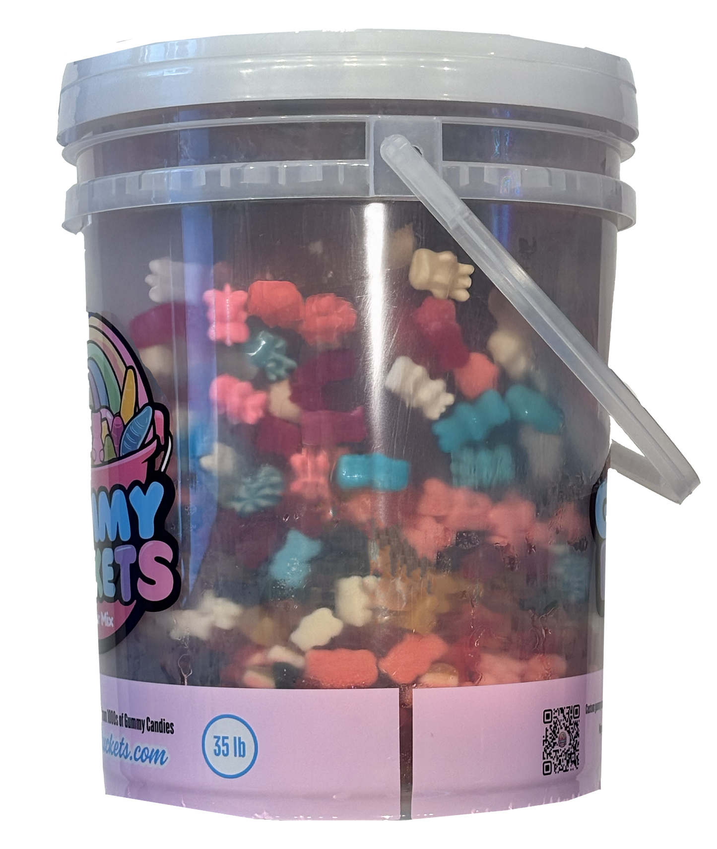 A 35 lb clear plastic bucket filled with colorful gummy candies, featuring a white lid and a pink label with the brand name 'The Candy Cakes'.