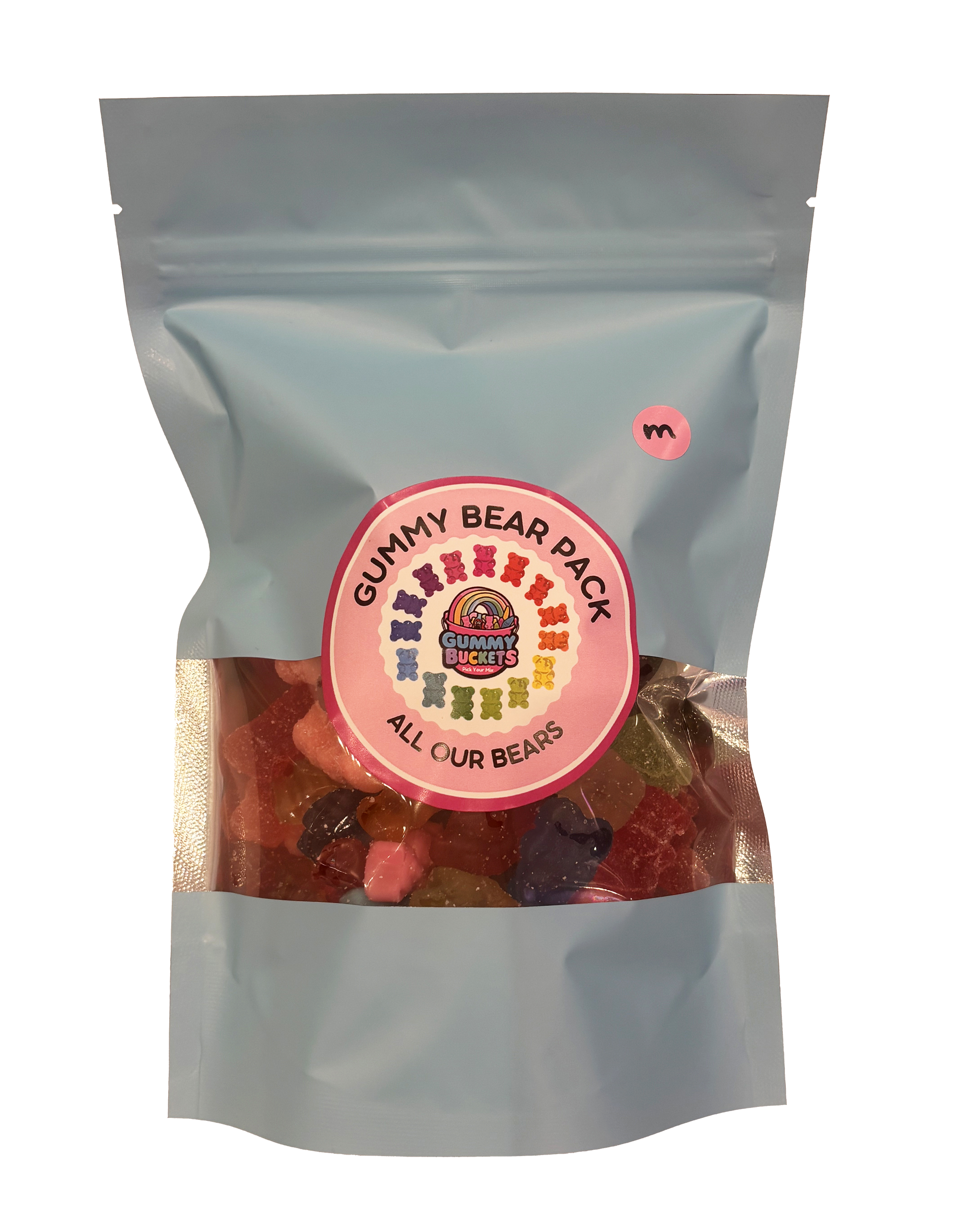 A light blue stand-up resealable pouch of gummy bear pack gummy candies, with a circular pink and white brand label in the center and a small pink number 3 sticker near the top right.