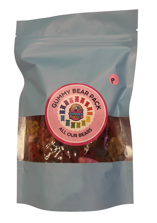 A light blue stand-up pouch of 'Gummy Bear Pack' gummy bears by Gummy Bears LLC, featuring a clear window showing the colorful gummy bears inside and a pink circular label on the front.