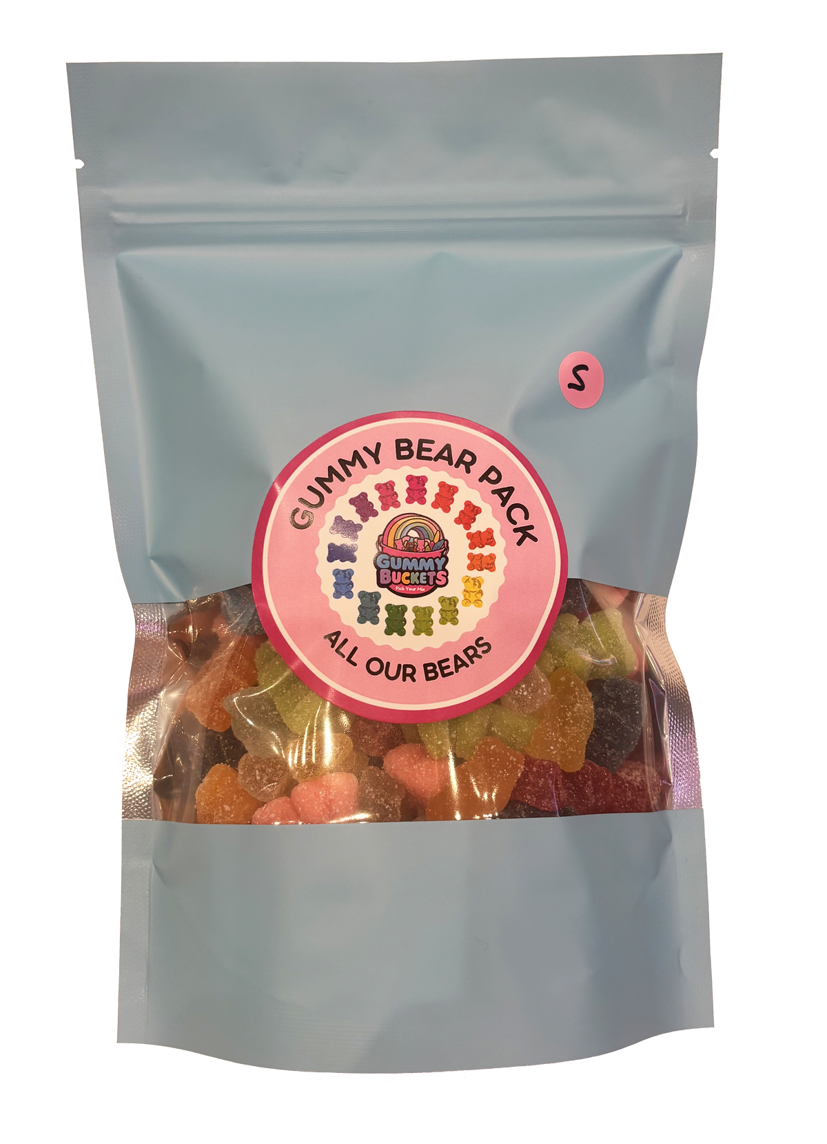 A stand-up resealable pouch of gummy bear candies with a clear window showing multicolored gummies inside. The pouch is light blue-gray with a large round pink label reading 'CUMMY BEAR PACK' and 'ALL OUR BEARS,' plus a small pink 'S' size sticker near the top right.