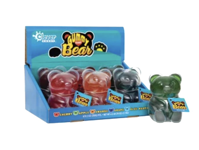 Box of large gummy bears with individually packaged red and green bears.