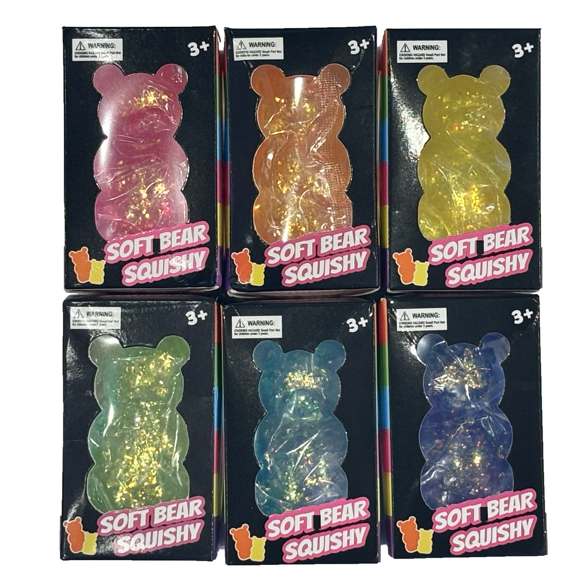 Six packaged soft sparkle bear squishy toys arranged in a 2x3 grid on a white background. Each bear-shaped toy is inside a black retail box with a colorful pink 'SOFT BEAR SQUISHY' label and age warning stickers.  Pink, orange, yellow, green, blue and purple.