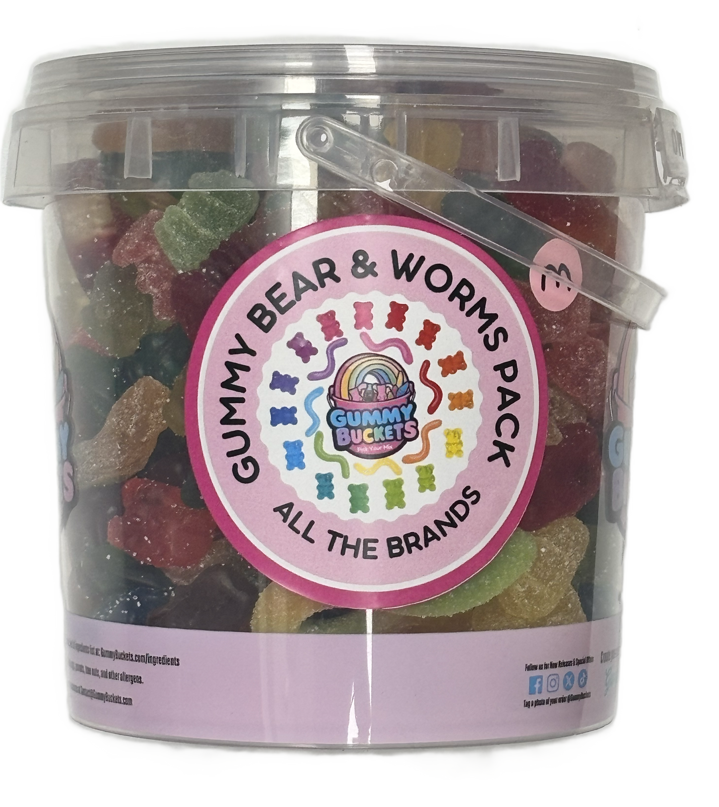A clear plastic bucket filled with assorted gummy bears and worms gummy candy, featuring a large circular pink and white label that reads 'GUMMY BEAR & WORMS PACK ALL THE BRANDS' with the Gummy Buckets logo in the center.