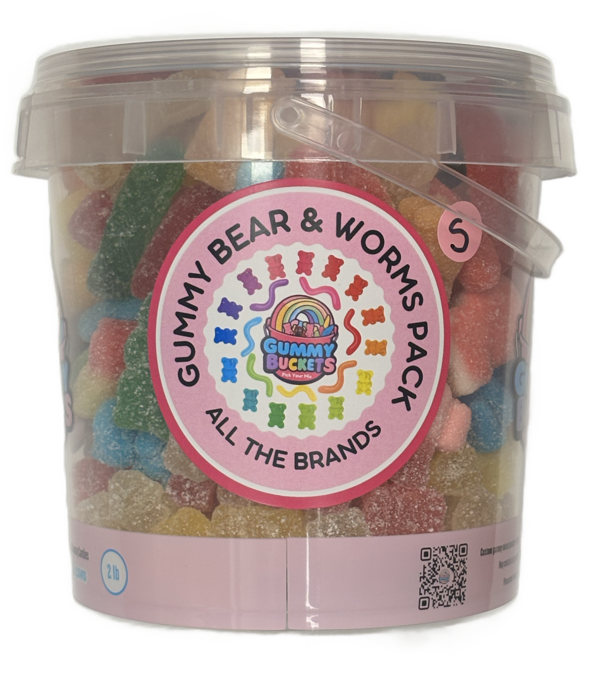 A clear plastic bucket filled with assorted gummy candies, featuring a large round label that reads 'GUMMY BEAR & WORMS PACK ALL THE BRANDS' with the Gummy BUCKS logo in the center. The bucket has a translucent lid and a pink base, photographed on a white background.