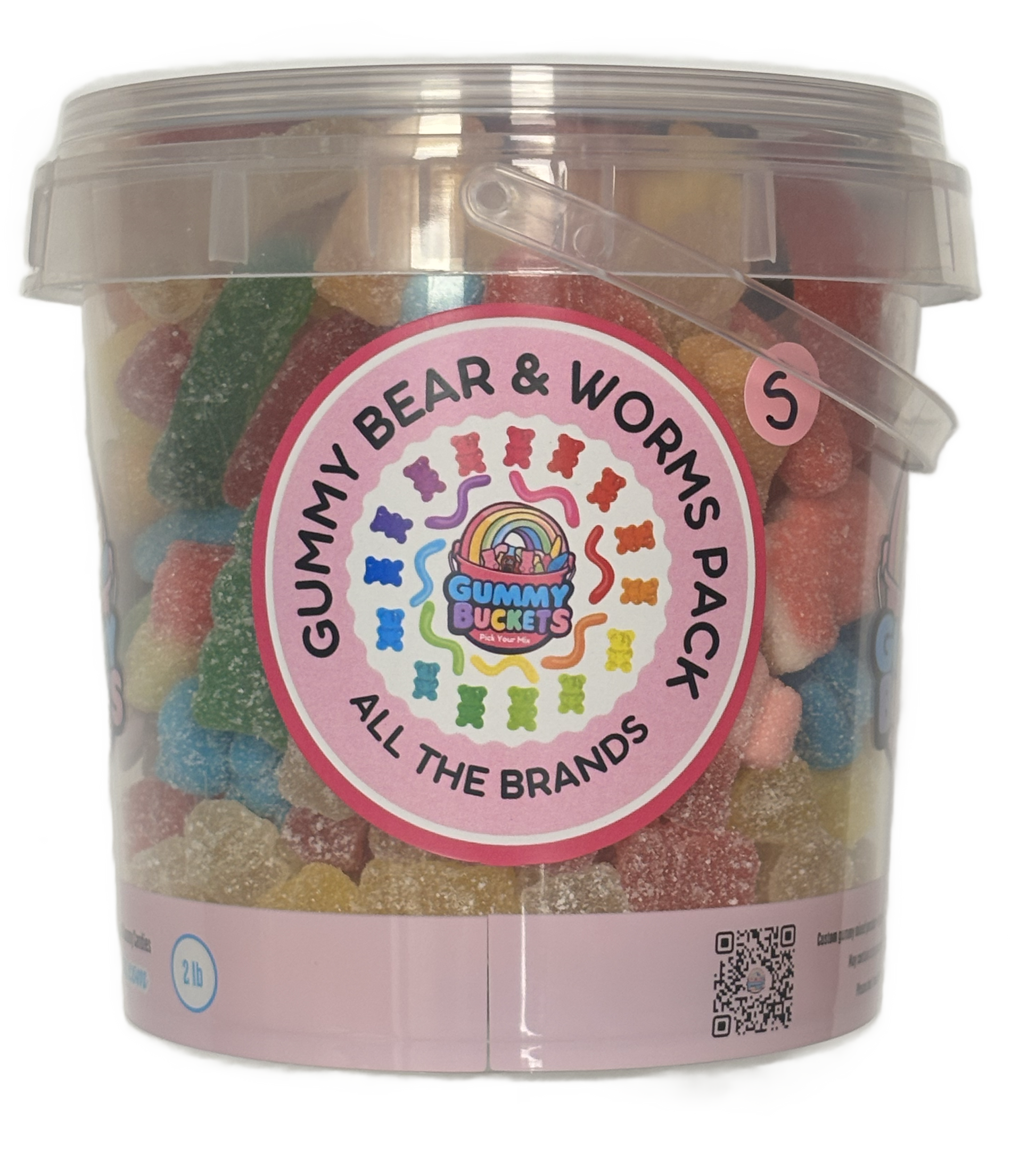 A clear plastic bucket filled with assorted gummy candies, featuring a large round label that reads 'GUMMY BEAR & WORMS PACK ALL THE BRANDS' with the Gummy BUCKS logo in the center. The bucket has a translucent lid and a pink base, photographed on a white background.