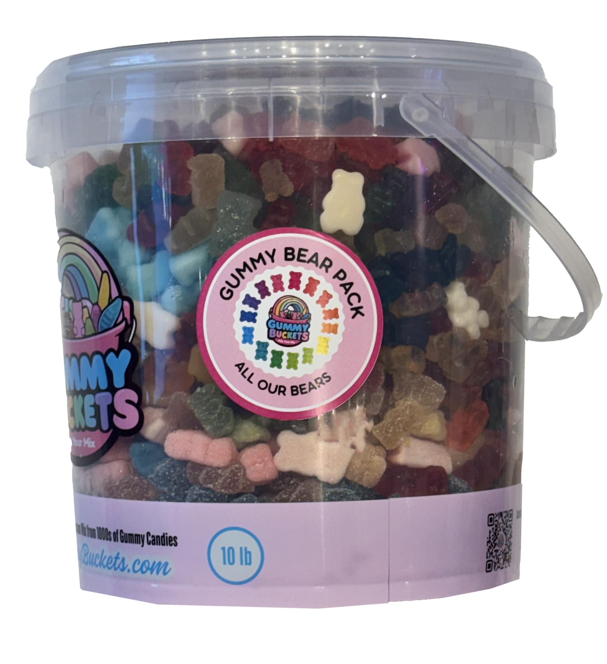 A 10 lb clear plastic bucket filled with assorted gummy bear candies, featuring a pink circular 'Gummy Bear Pack' label and a purple bottom band with the brand name Buckets.com.