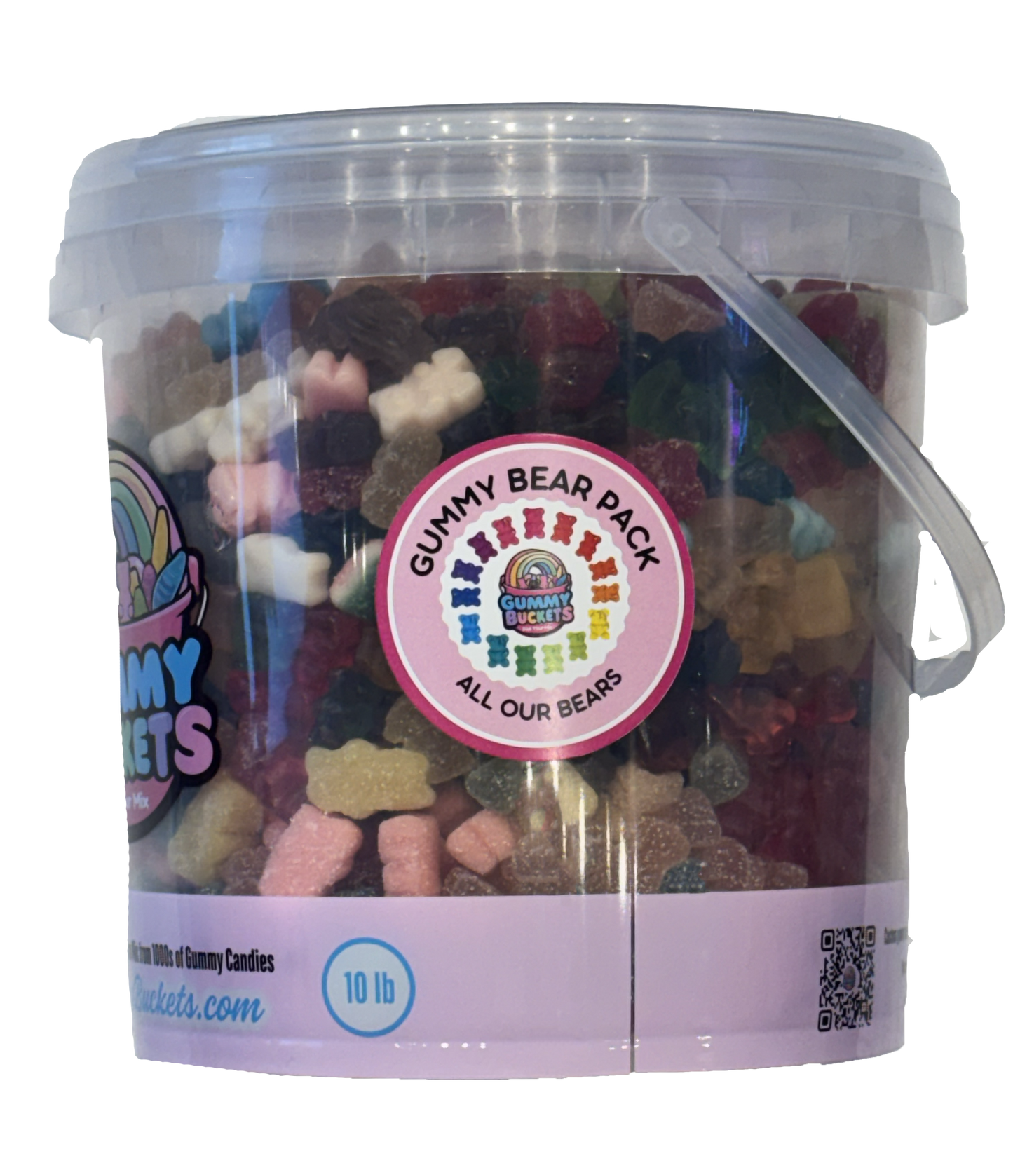 A 10 lb clear plastic bucket filled with assorted gummy bear candies, featuring a pink circular 'Gummy Bear Pack' label and a pink lower band. The bucket has a clear lid with a handle and is photographed on a white background.