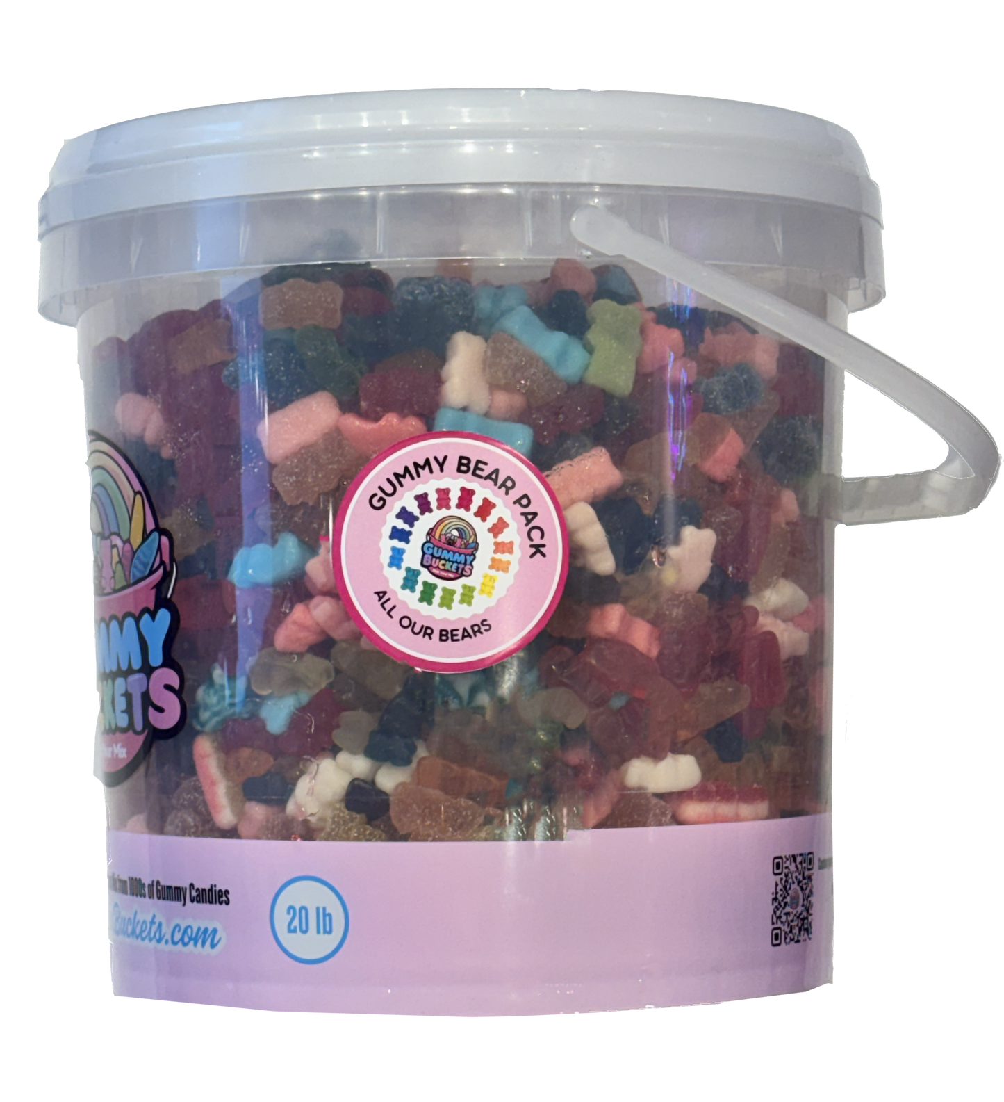 A 20 lb clear plastic bucket filled with assorted gummy bear candies, featuring a white lid and handle, a pink label, and a circular sticker that reads 'Gummy Bear Pack All Over Beads'.