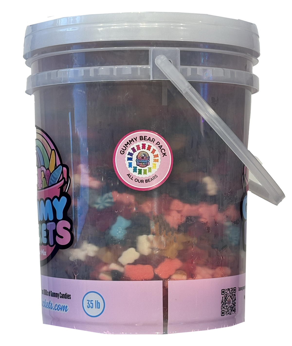 A 35 lb clear plastic bucket filled with a colorful assortment of gummy bears, featuring a white lid, clear plastic handle, and a pink label with a circular 'Gummy Bear Pack' sticker.