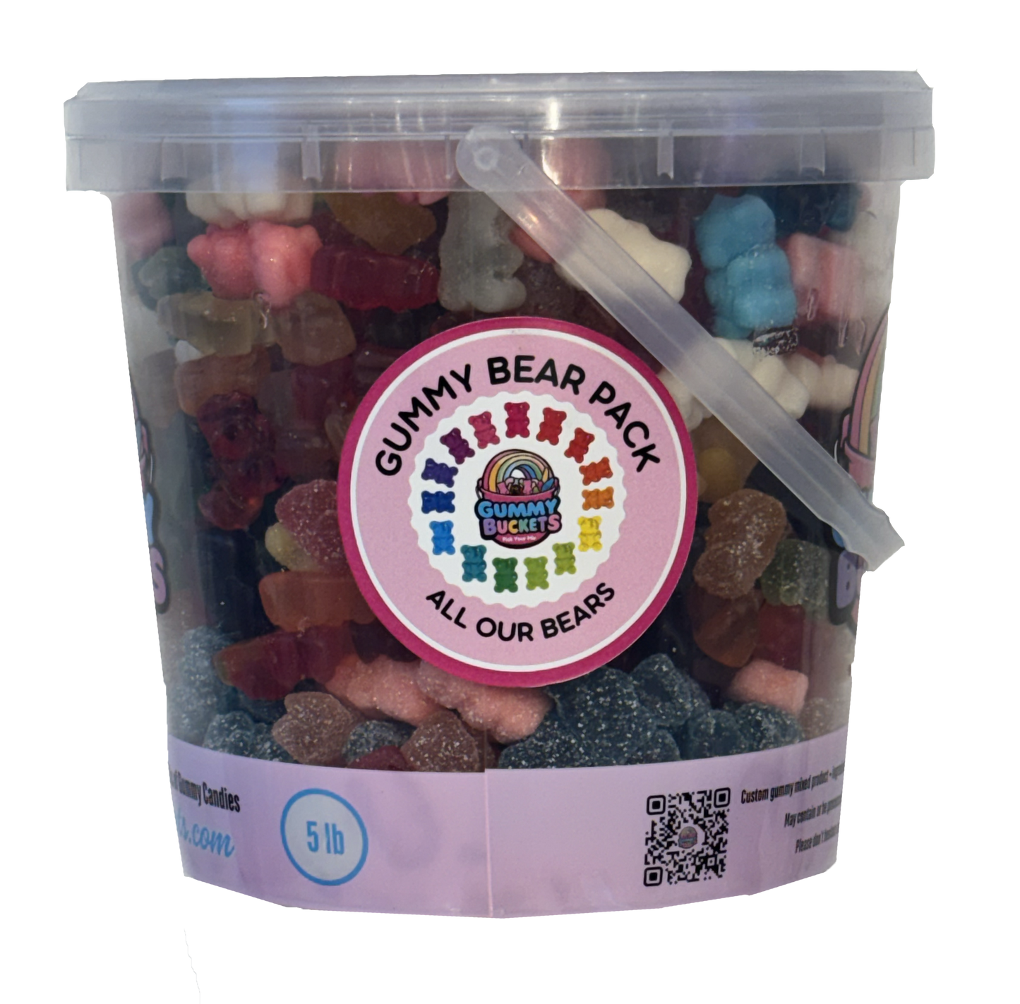 A 5 lb clear plastic tub filled with assorted gummy bear candies, featuring a pink circular label that reads 'GUMMY BEAR PACK ALL OUR BEARS' with a rainbow logo. The tub has a clear lid and a small clear handle, set against a plain white background.