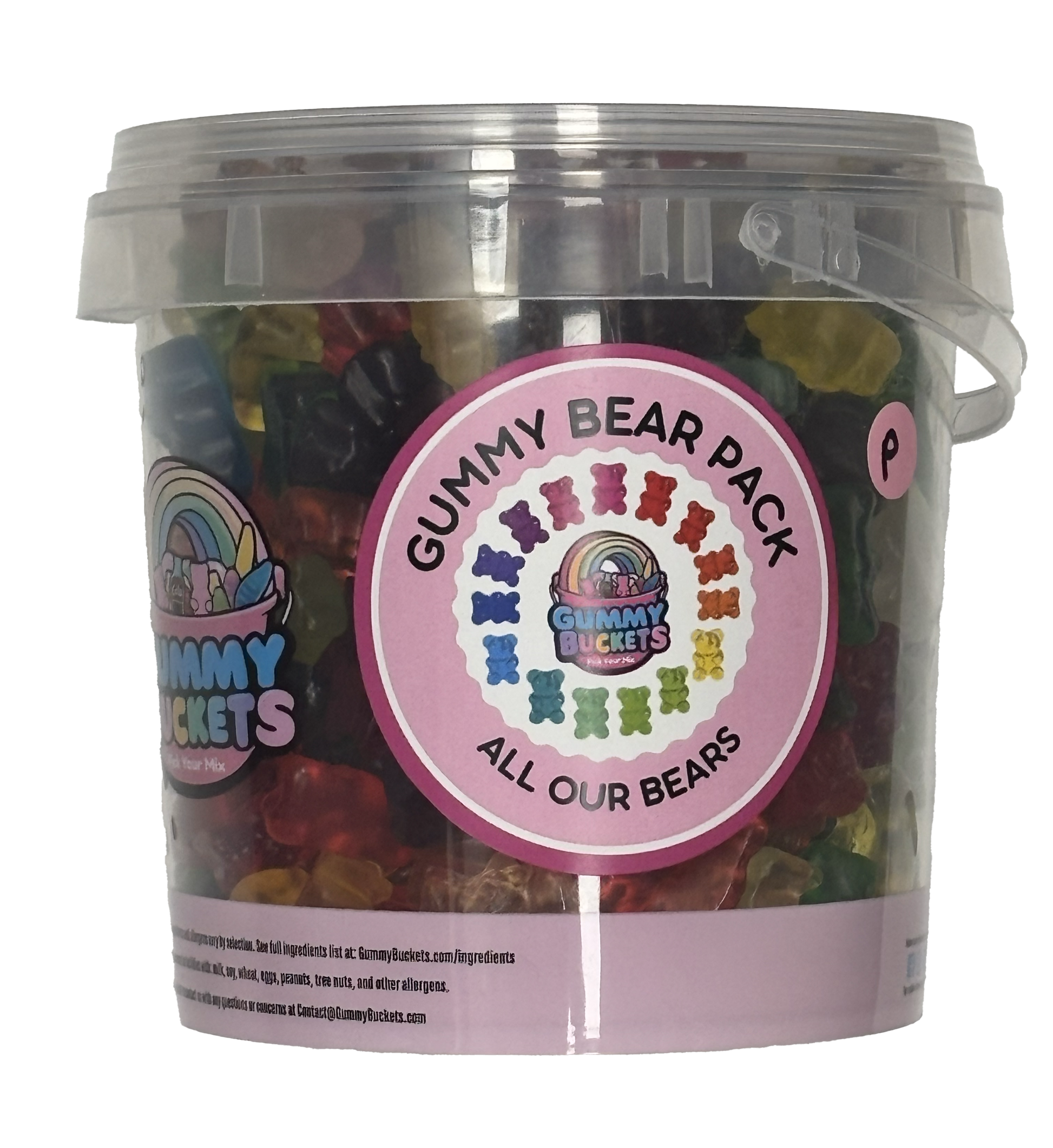 A clear plastic bucket filled with assorted gummy bears, featuring a large pink circular label that reads 'GUMMY BEAR PACK ALL OUR BEARS' and the Gummy Buckets logo. The bucket has a clear lid with a carrying handle and sits on a white background.