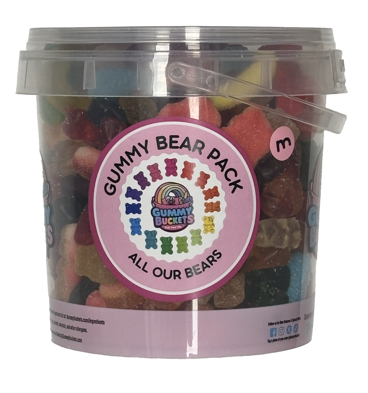 A clear plastic bucket of Gummy Bear Pack gummy candies by Gummy BUCKETS, featuring a pink circular label and a clear lid with a small clear handle, set against a plain white background.