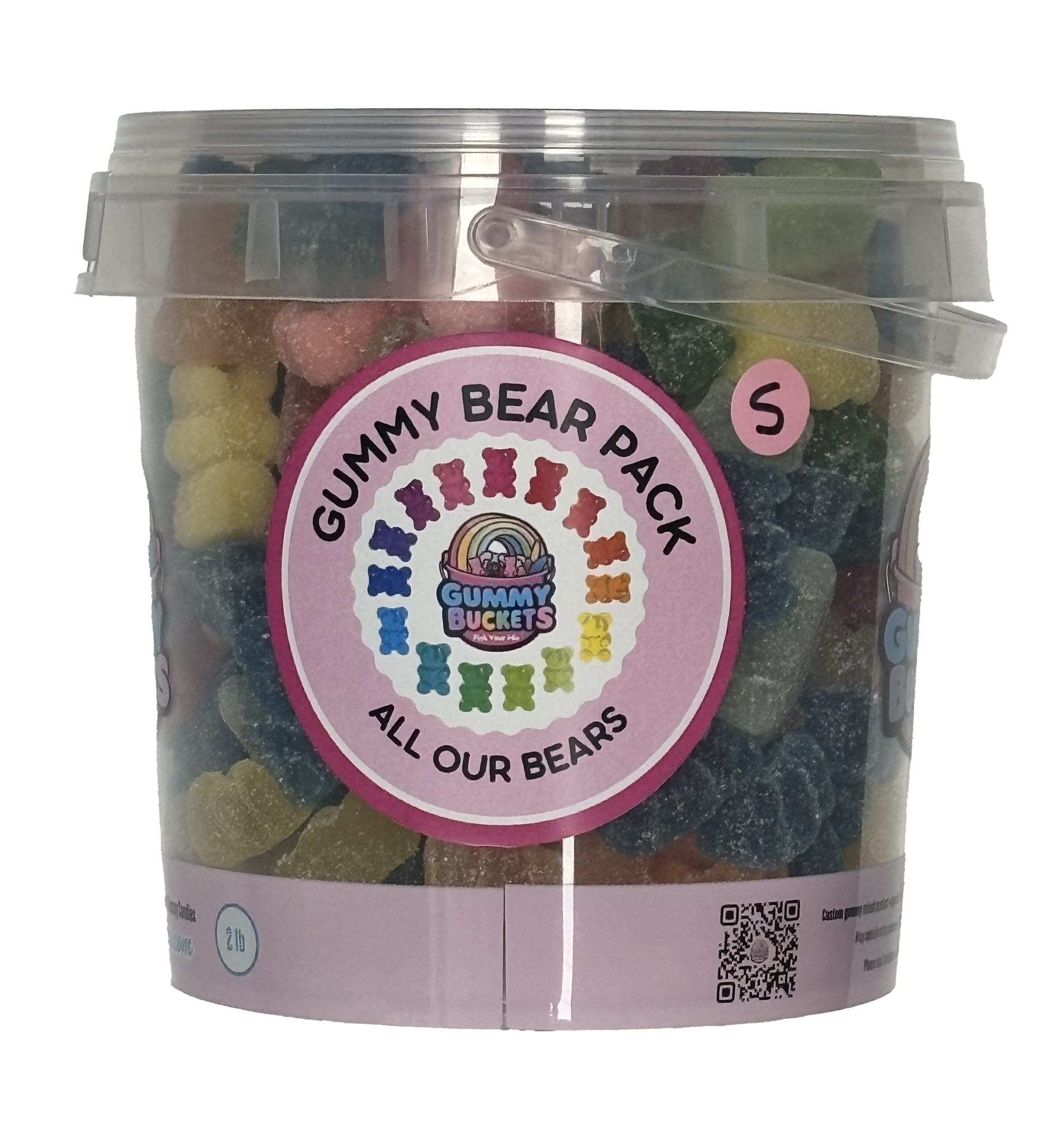 A clear plastic tub filled with assorted gummy bears, featuring a round pink and white label that reads 'Gummy Bear Pack' and 'All Our Bears' with the Gummy Buckets logo. The tub is photographed on a clean white background.