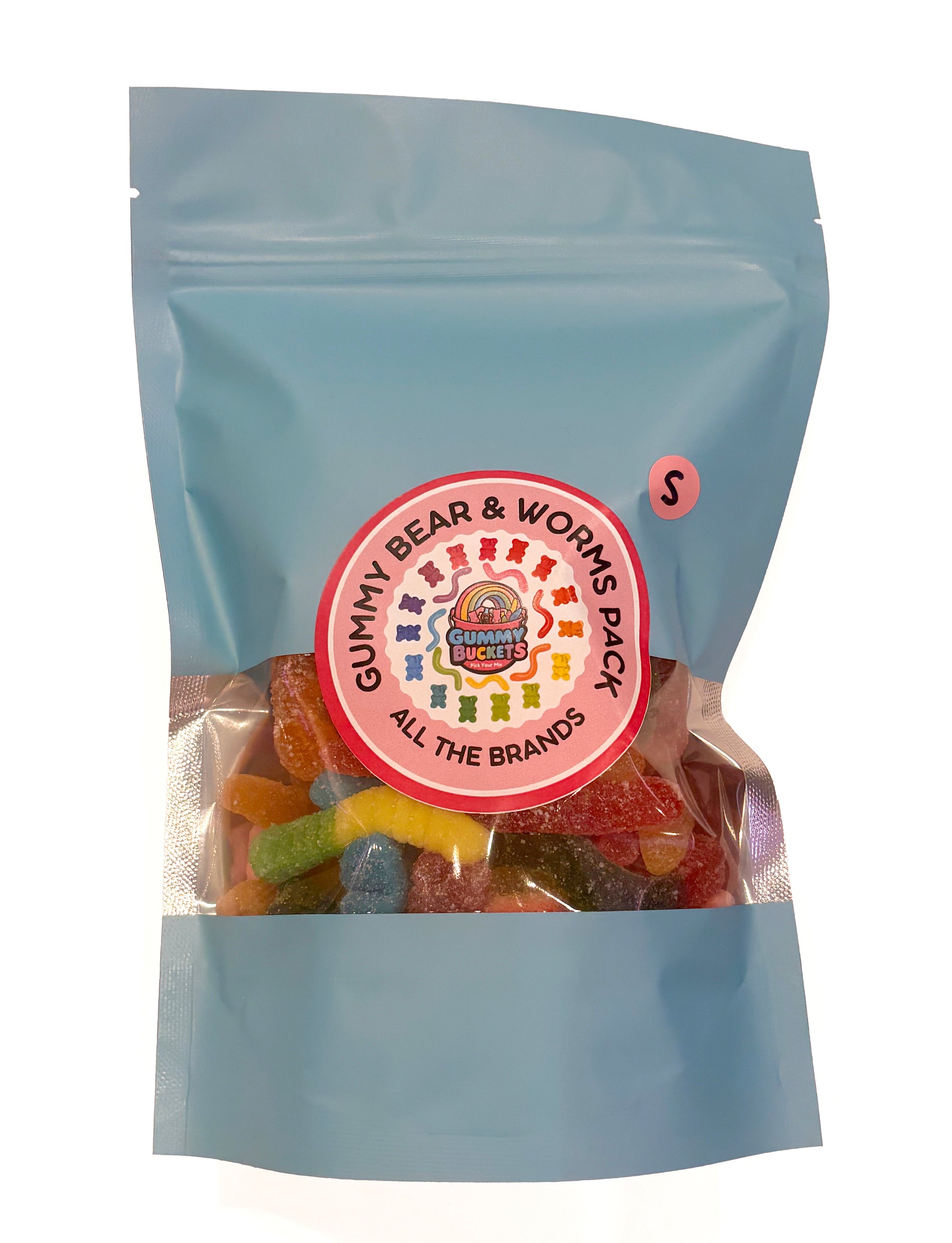 A light blue stand-up pouch of Gummy Bear & Worms Back gummy candies, featuring a circular red and white brand label on the front and a small pink 'S' size sticker.