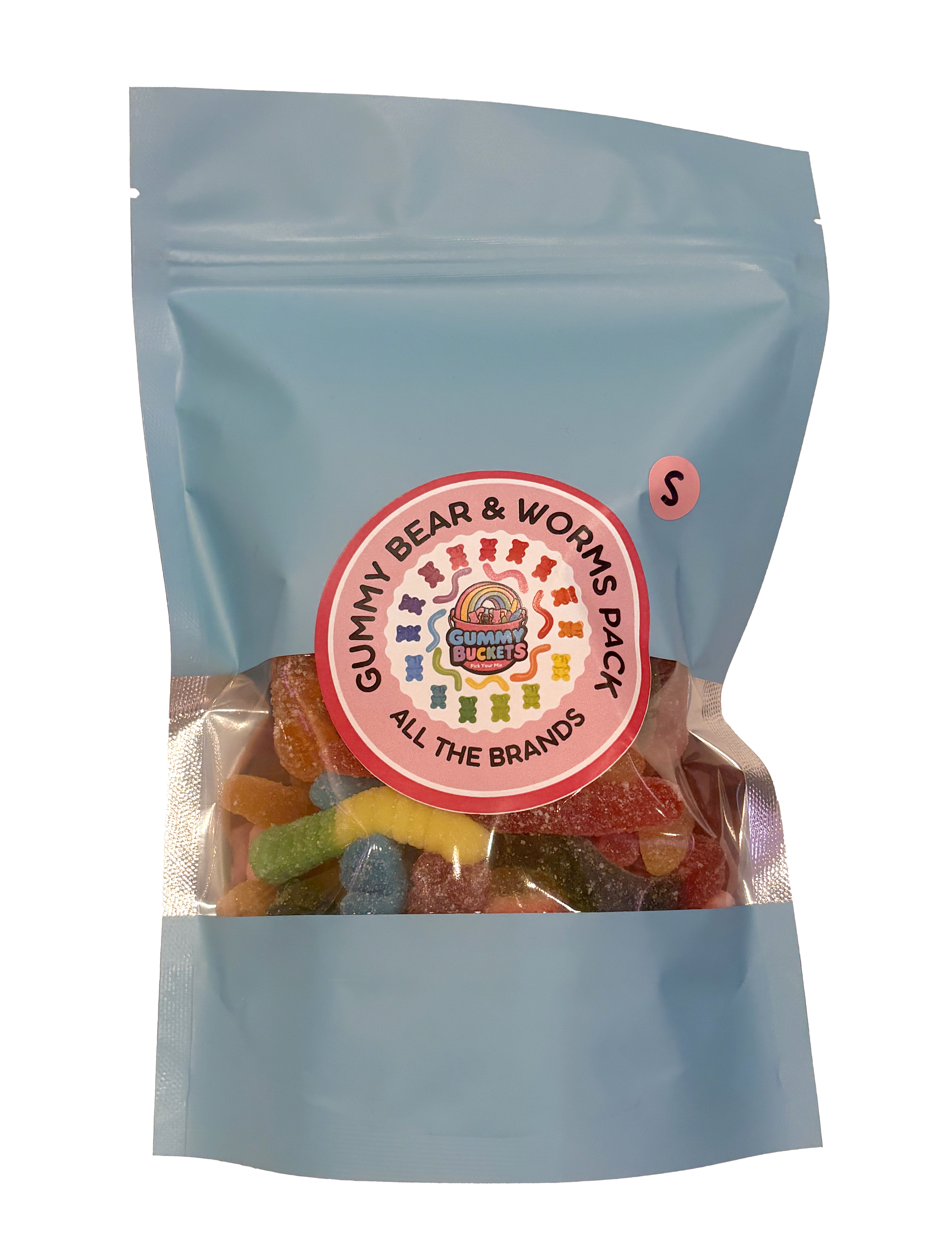 A light blue stand-up pouch of Gummy Bear & Worms Back gummy candies, featuring a circular red and white brand label on the front and a small pink 'S' size sticker.