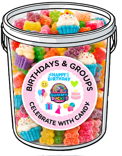 A large clear plastic bucket filled with assorted colorful gummy candies and cupcake-shaped gummies, with a round pink label reading 'BIRTHDAYS & GROUPS' and 'CELEBRATE WITH CANDY' plus 'Happy Birthday Gummy Buckets.'.