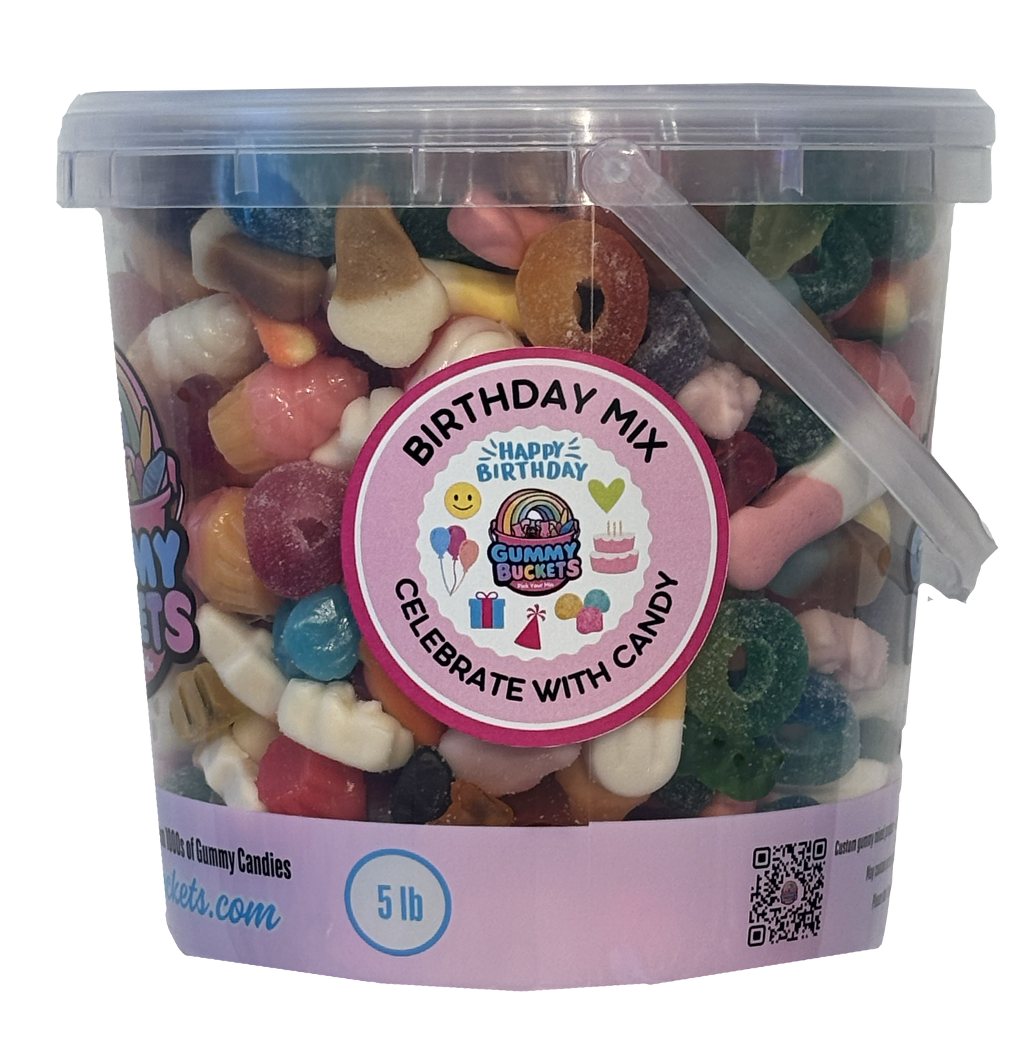 A 5 lb clear plastic tub filled with a colorful assortment of gummy candies, featuring a round pink 'Birthday Mix' label on the front.