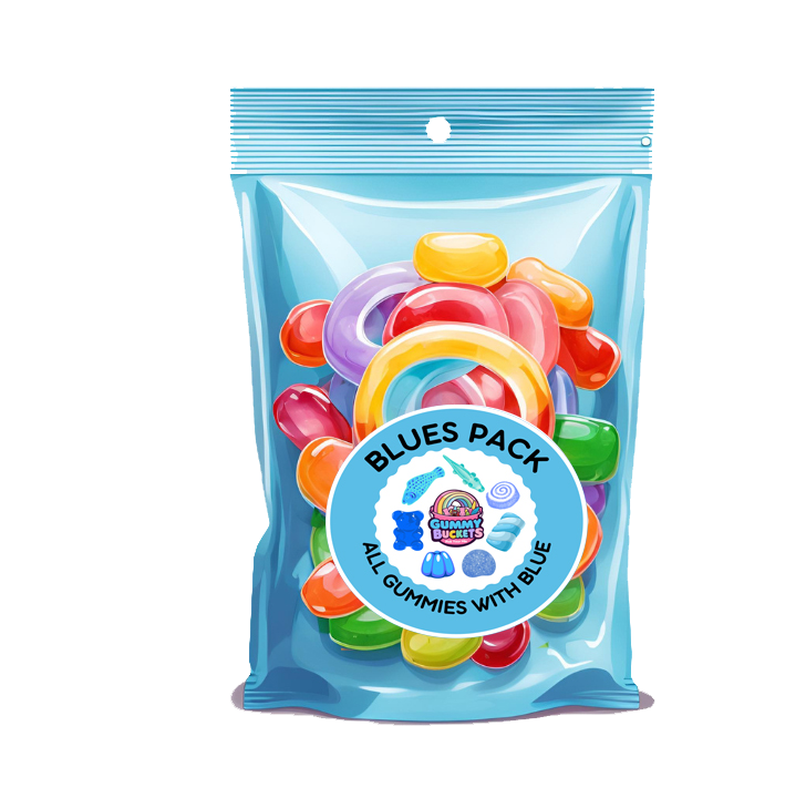 Packaged gummy candies with a blue label on a white background