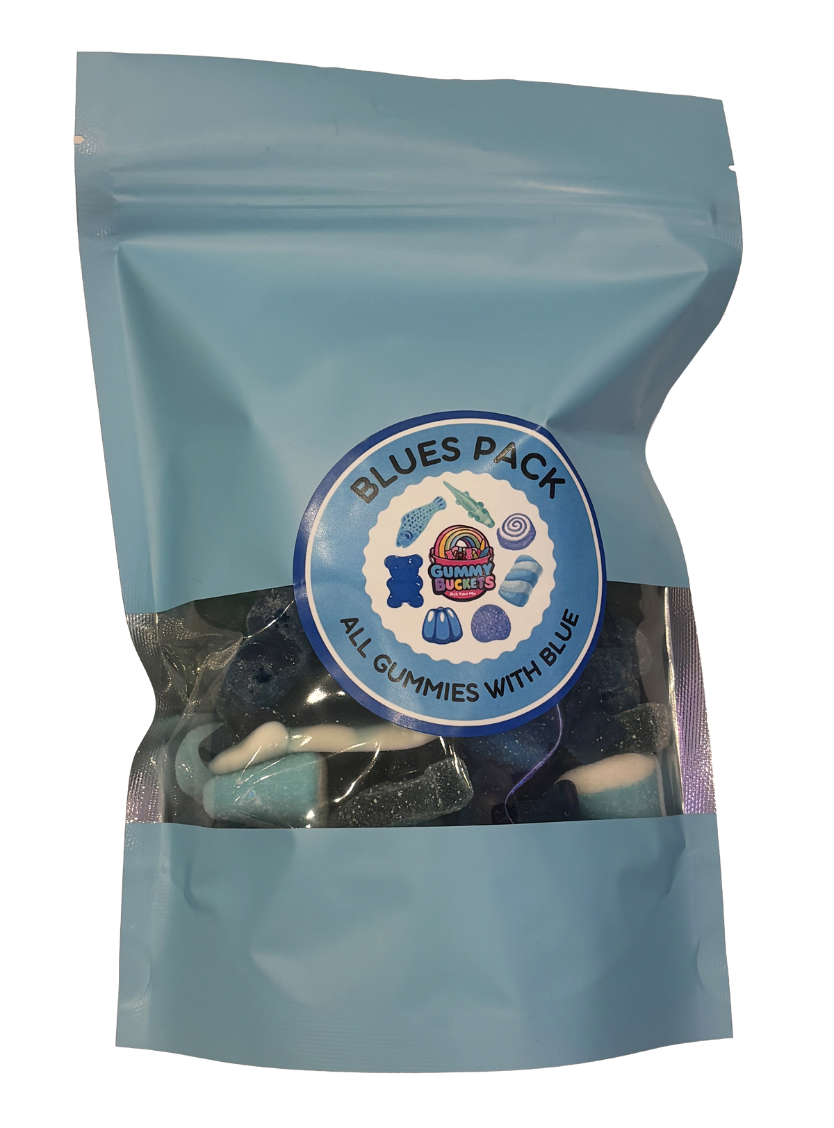 A light blue resealable stand-up pouch with a clear window showing dark blue, navy, and black gummy candies including sharks, bears, rings, and worms inside. A round blue label on the front reads 'BLUES PACK' and 'ALL GUMMIES WITH BLUE' with the Gummy Buckets logo surrounded by illustrated blue candy icons in the center.