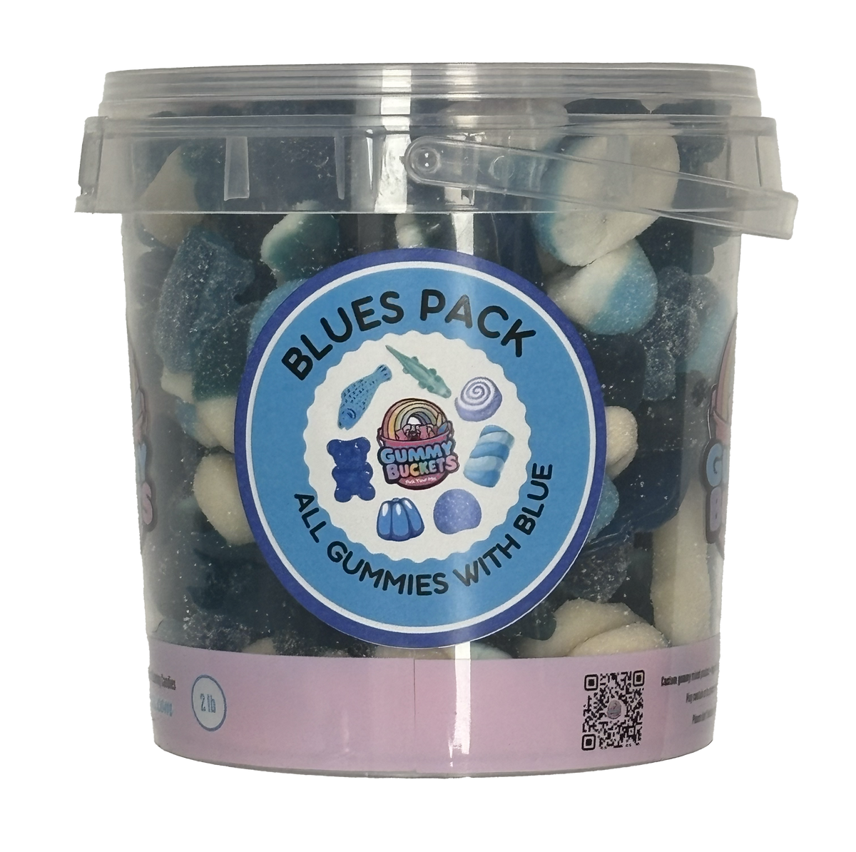 A clear plastic tub of Gummy Bunnies Blues Pack gummy candies, showing blue and white sugar-coated gummies inside, with a blue and white circular label on the front.
