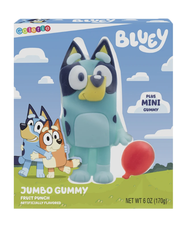 Bluey jumbo fruit punch gummy with a mini gummy in blue retail packaging.