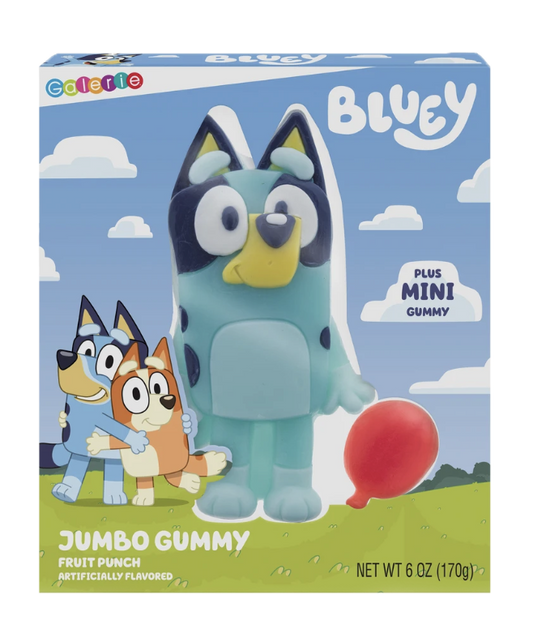 Bluey jumbo fruit punch gummy with a mini gummy in blue retail packaging.