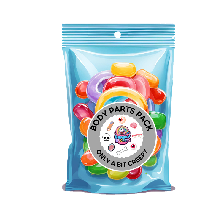 Packaged gummy candy with colorful jelly beans and a label on a white background