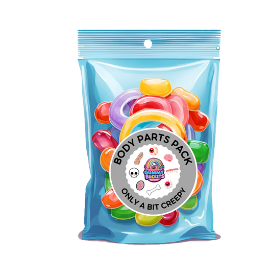 Packaged gummy candy with colorful jelly beans and a label on a white background