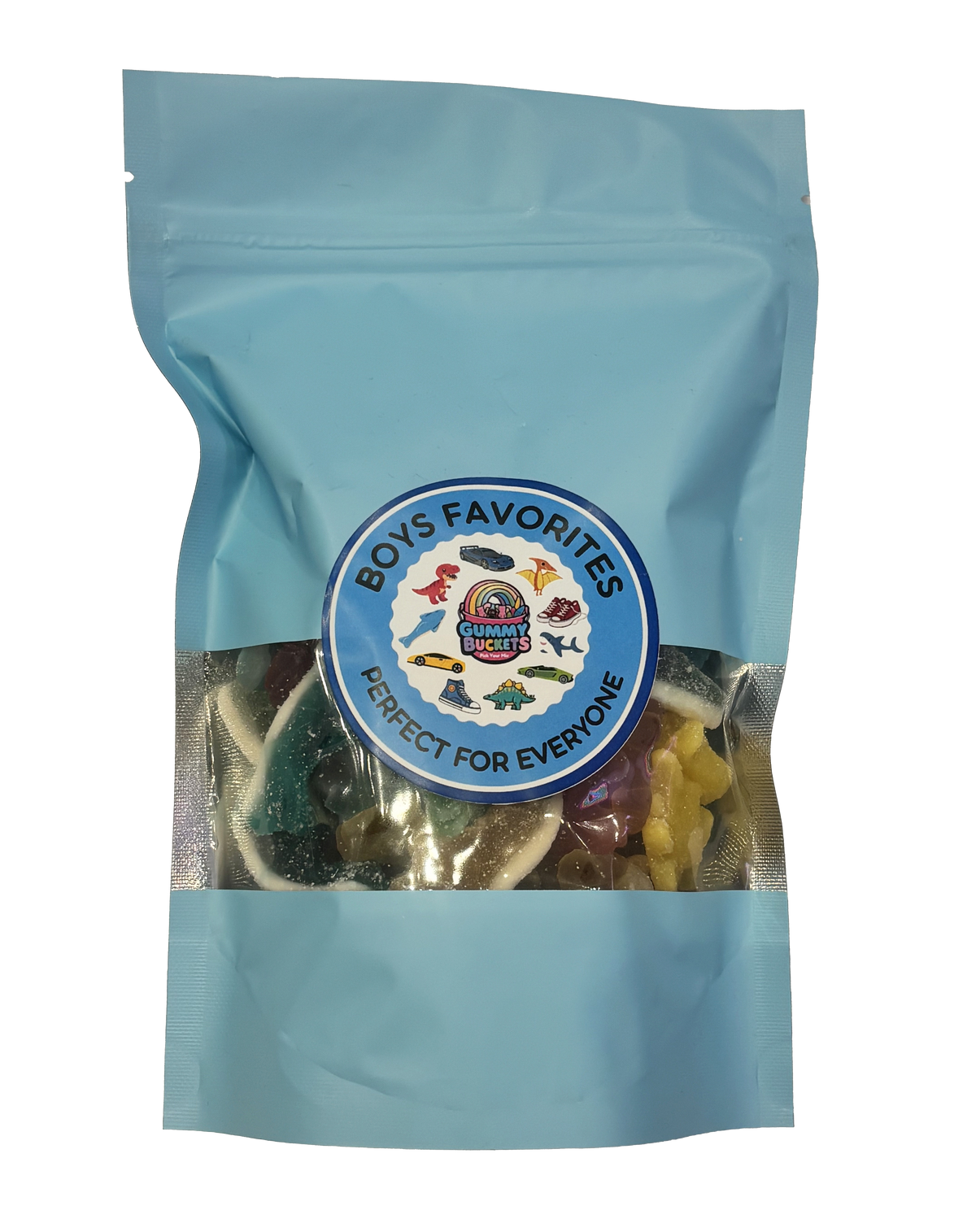 A light blue resealable stand-up pouch of gummy candies with a clear window showing assorted colorful gummies inside. A round blue-and-white label on the front reads 'BOYS FAVORITES' and 'PERFECT FOR EVERYONE'.
