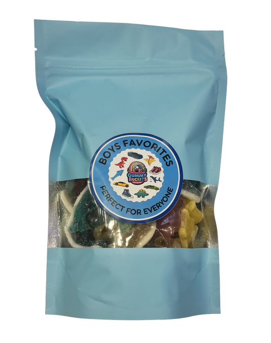 A light blue resealable stand-up pouch of gummy candies with a clear window showing assorted colorful gummies inside. A round blue-and-white label on the front reads 'BOYS FAVORITES' and 'PERFECT FOR EVERYONE'.