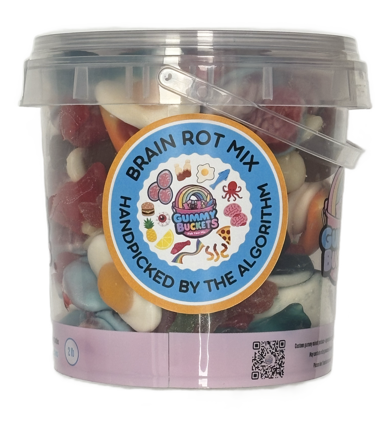 A clear plastic tub filled with assorted colorful gummy candies and sweets, with a large round label reading 'BRAIN ROT MIX HANDPICKED BY THE ALGORITHM' and 'GUMMY BUCKETS' in the center. The tub has a clear lid and a small clear side handle, photographed on a white background.
