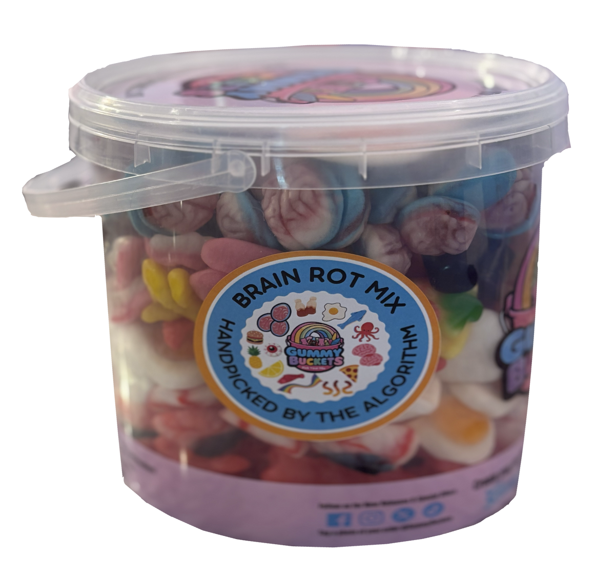 A clear plastic tub filled with assorted colorful gummy candies, featuring a circular label that reads 'Brain Rot Mix' and 'Handpacked by the Algorithm' with the Cummy Cummy brand logo. The tub has a translucent lid with a handle and is photographed on a white background.