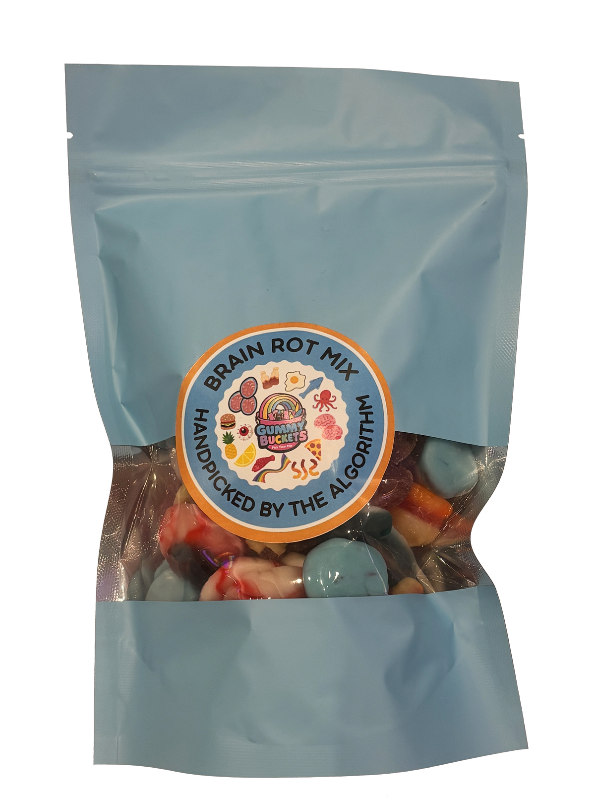 A light blue resealable stand-up pouch with a clear window showing a wild assortment of viral internet-themed gummy candies including octopus, brain, pizza, fried egg, and blue blob shapes inside. A round blue and orange label on the front reads 'BRAIN ROT MIX' and 'HANDPICKED BY THE ALGORITHM' with the Gummy Buckets logo surrounded by illustrated internet meme candy icons in the center.