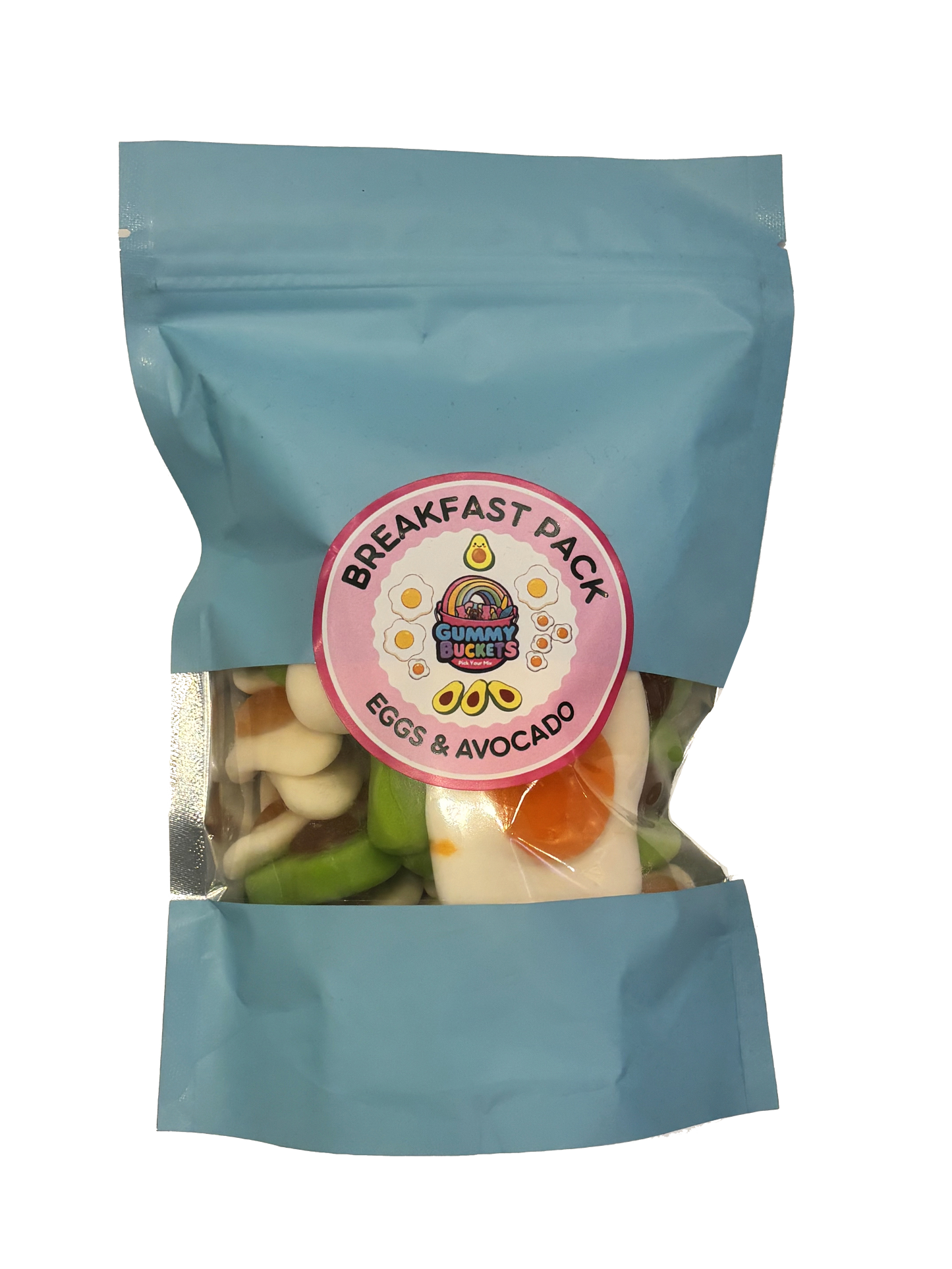 A light blue stand-up pouch of 'Breakfast Pack Eggs & Avocado' by Chumney Creek, containing mixed avocado toast pieces visible through a clear window, with a pink circular label on the front.