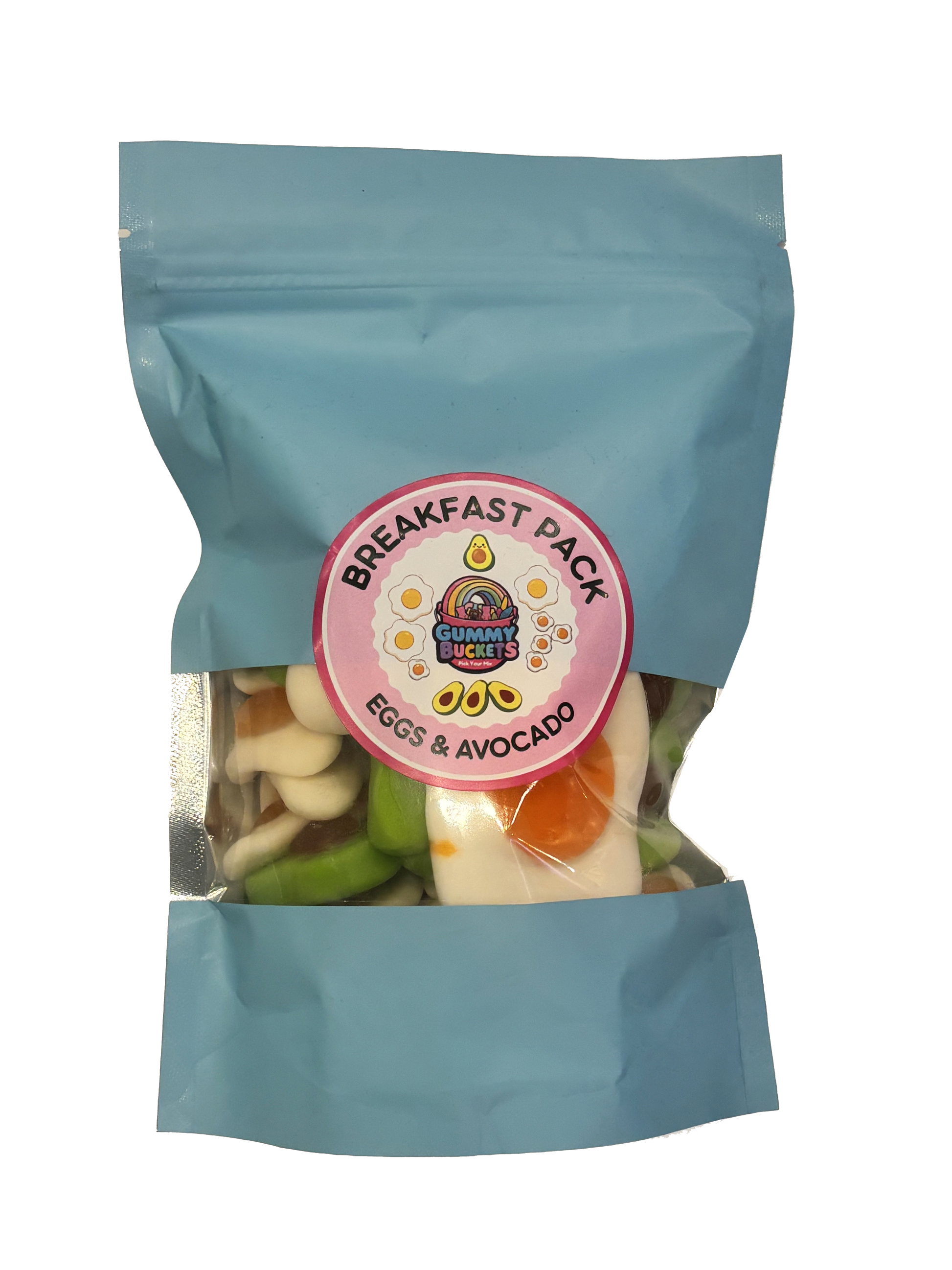 A light blue stand-up pouch of 'Breakfast Pack Eggs & Avocado' by Chumney Creek, containing mixed avocado toast pieces visible through a clear window, with a pink circular label on the front.