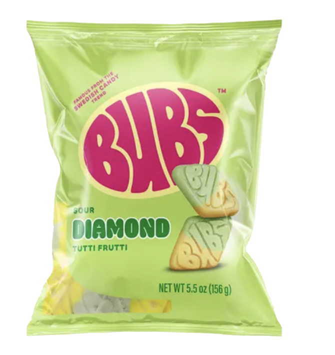 BUBS tutti frutti diamond gummy candy packaging.