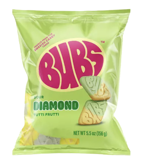 BUBS tutti frutti diamond gummy candy packaging.