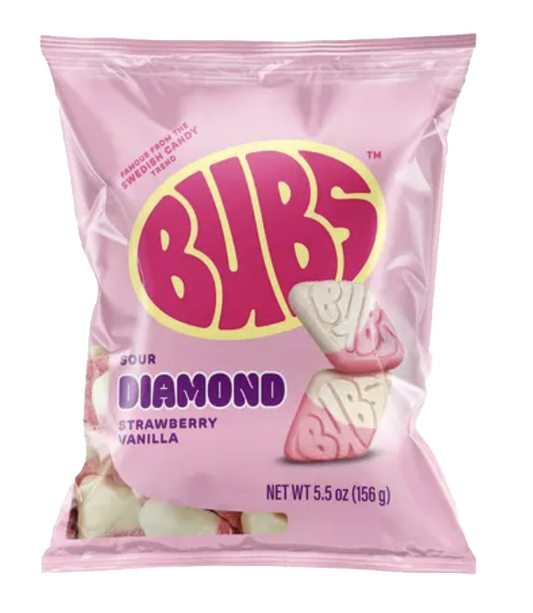 BUBS strawberry and vanilla diamond gummy candy packaging.