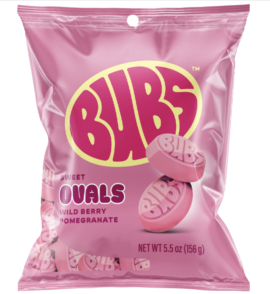 Pink bag of BUBS Sweet Ovals Wild Berry and Pomegranate candy
