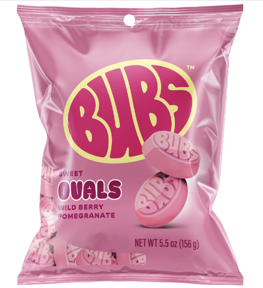 Pink bag of BUBS Sweet Ovals Wild Berry and Pomegranate candy
