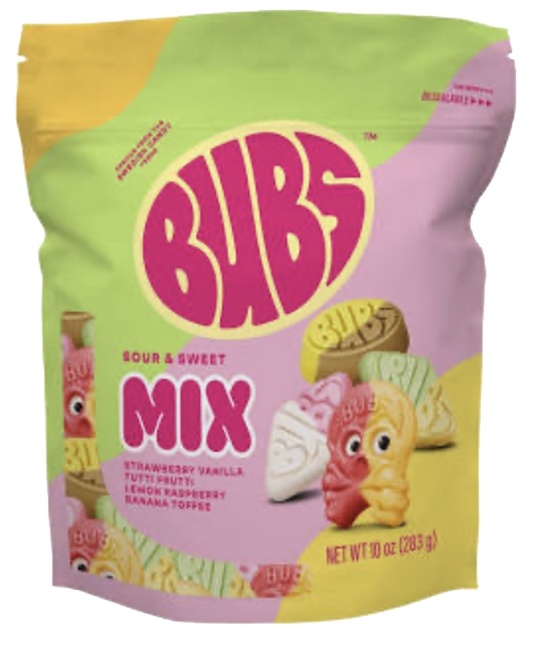 Pastel BUBS Sour and Sweet Mix pouch showing assorted skull and oval gummy candies.